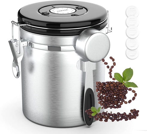 Miscedence Coffee canister for ground coffee with Scoop Date Tracker One Way Co2 Valve 304 Stainless Steel Kitchen Food Airtight storage container for Coffee Beans,Grounds,Tea,Sugar(Silver,16oz)€¦