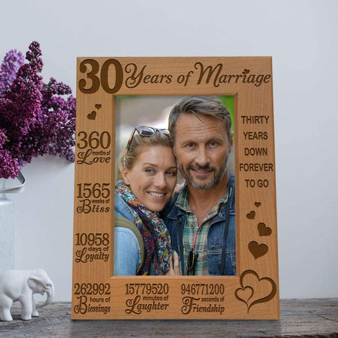 KATE POSH 30 Years of Marriage Engraved Natural Wood Picture Frame, 30th, Husband and Wife, 30 Years Down Forever to Go (4x6-Vertical)