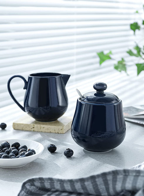 Sweese 480.103 Porcelain Sugar and Creamer Set, Coffee Serving Set, 3 Piece with Cream Pitcher, Sugar Bowl with Lid and Spoon, Navy