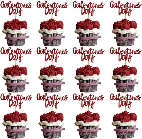 Galentines Day Cupcake Toppers Decorations, Red Glitter Happy Galentines Day Cupcake Toppers for Galentine's Day Decoration, Friends Galentines Party Decor, Valentines Day Party Decorations -24PCS