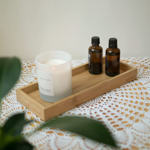 NAUMOO Natural Bamboo Vanity Tray - Slip-Resistant Wooden Bathroom Organizer for Toilet Tank and Counter Top - Spa Home and Kitchen Decor Wood Holder (Small)
