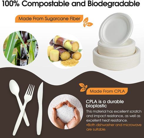 FOCUSLINE 150 Piece Compostable Plates Set Biodegradable Utensils, Heavy Duty Disposable Sugarcane Plates Eco Friendly CPLA Cutlery, Disposable Dinnerware Set for Party, Camping, Picnic