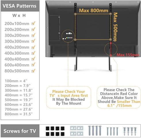 Universal Table Top TV Stand for Most 27 30 32 37 40 43 47 50 55 60 65 inch Plasma LCD LED Flat or Curved Screen TVs with Height Adjustment, VESA Patterns up to 800mm x 500mm, 88 lbs