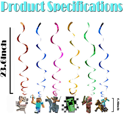 Pixel Style Theme Game Party Supplies Miner Birthday Decorations,12*Hanging Whirlpools Cards For Kids Boys And Girls Themes€¦ (12Set)