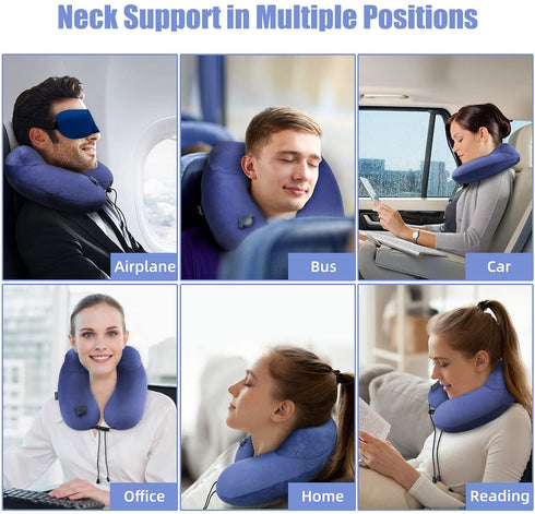 Extra-Compact Travel Neck Pillow, 100% Soft Velvet Inflatable Neck Support Airplane Pillows with 3D Eye Mask and Earplugs for Adults Kids, Best Travel Essentials for Sleeping / Reading / Camping(Blue)
