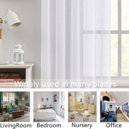 Randall White Linen Sheer Curtain Panel Sets of 2 with Rod Pocket Open Weave Faux Linen Window Treament for Living Room Bedroom Farmhouse, 54x63 Inch, Snow White