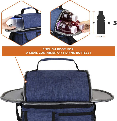 OPUX Insulated Dual Compartment Lunch Bag for Men, Women | Double Deck Reusable Lunch Pail Cooler Bag with Shoulder Strap, Soft Leakproof Liner | Large Lunch Box Tote for Work, School (Navy)
