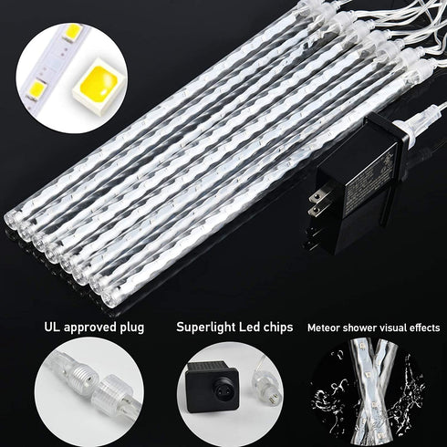 Warm White Meteor Shower Lights,10 Tubes 360 Led 50cm Waterproof Christmas Lights Outdoor, Plug-in Hanging Holiday Fairy String Lights Rain Drop Falling Lights for Xmas Rooftop Patio