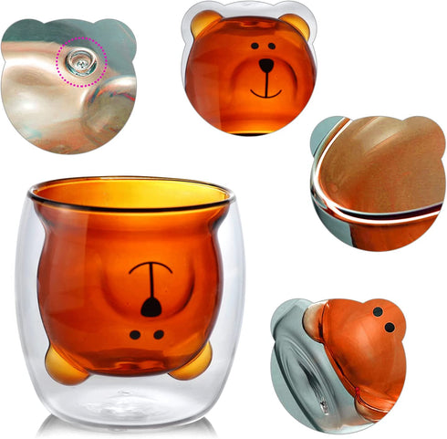 Aibiubiu Cute Bear Tea Cup Double Wall Insulated Glasses Tea Cup Bear Beer Mugs Coffee Mug Couple Glass Mugs Birthday Gifts Interesting Gifts(2Pcs Brown Bear)