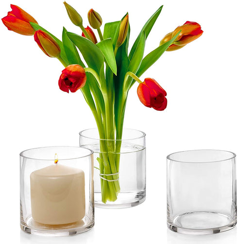 Set of 3 Glass Cylinder Vases 4 Inch Tall - Multi-use: Pillar Candle, Floating Candles Holders or Flower Vase Perfect as a Wedding Centerpieces.