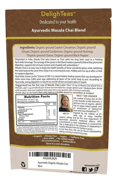 Ayurvedic Organic Masala Chai powder; No added sugar or sweetener; 4oz (100 Servings) - Caffeine free - Made with Ceylon (true) Cinnamon - Great for Vegan Lattes and Smoothies