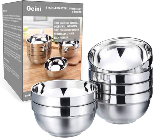 Geini Premium 304 Stainless Steel Bowls Set, Double Walled Insulated, Nesting Serving Bowls without Lids in Kitchen for Soup, Rice, Ice Cream, Kids Snacks, 6 Pack, 13oz Capacity