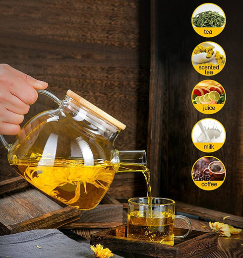 Glass Water Pitcher Carafe with Stovetop Safe Teapot with Tea Ball Infuser for Blooming Tea, Juice Jug, coffee,1000ml/ 34oz?High borosilicate glass?Sharemee