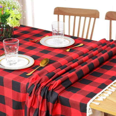 Partisout Buffalo Check Tablecloth Rectangle 56x80-Inch Red and Black Checked Tablecloth with Tassel Bluffalo Plaid Tablecloths Washable Cotton Linen Table Cover Gingham Table Cloths for New Year
