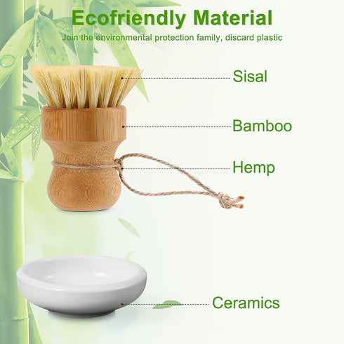 SUBEKYU Bamboo Dish Scrub Brush for Kitchen Sink, Natural Wooden Washing Dish Brush Scrubber, Sisal Bristles Brush for Household Cleaning Cast Iron Brush Pots, Pans and Vegetables
