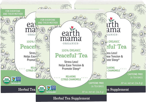 Earth Mama Organic Peaceful Mama Tea Bags for Pregnancy and Beyond, Citrus Chamomile, Stress Less, 16 Count, Pack of 3