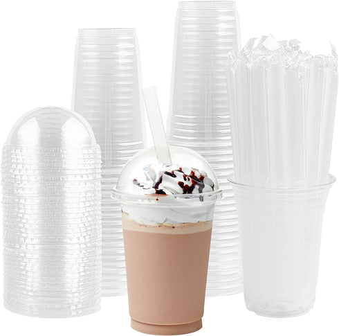Zezzxu 50Pack 12oz Clear Plastic Cups with Dome Lids and Straws, Crystal Clear PET Disposable Drinking Cups for Cold Drinks, Iced Coffee, Juice, Smoothie, Milkshake, Bubble Boba Tea