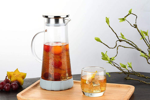BOQO Glass Water Pitcher,50 Oz Carafe with Lid,Glass Water Jug with Particular Coaster and Brush,Glass Water Jar