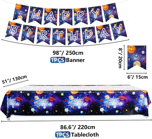 XJLANTTE Outer Space Party Supplies - Solar System Galaxy Planet Theme Happy Birthday Banner, Plates, Napkins, Cup, Straws, Knives, Fork, Spoon and Tablecloth for Boys Decorations, Serves 20 Guests