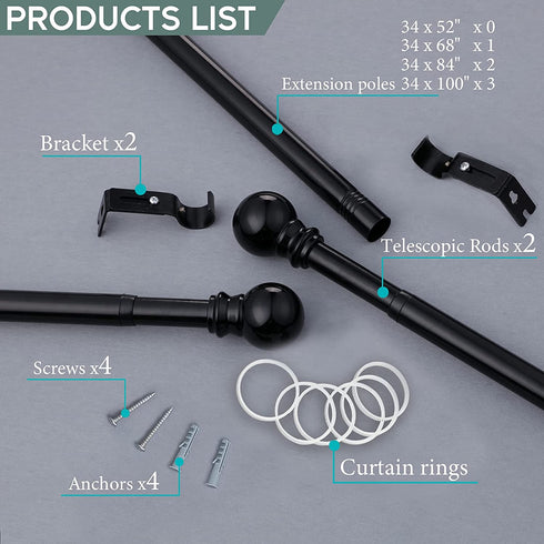 1 Inch Adjustable Curtain Rod Set-Black Curtain Rods for Windows 34 to 68"- Sturdy Single Drapery Rod for Sliding Door, Bedroom, Kitchen,Living Room (With 2 Brackets)