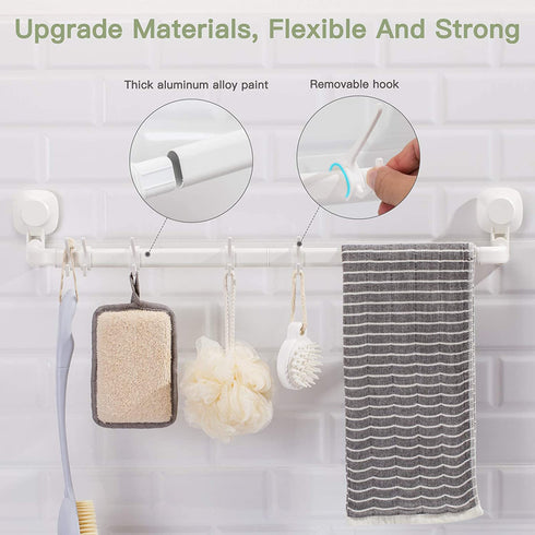 LUXEAR Suction Cup Towel Bar, 24 inches Adjustable Towel Rack, No Drill & Removable Hand Towel Holder with 5 Sliding Hooks, Wall Mounted Towel Bar for Bathroom, Kitchen, Door - White