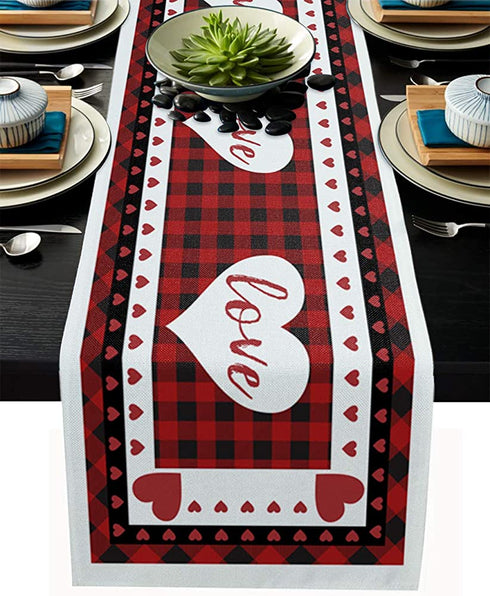 Farmhouse Kitchen Dinning Table Runner Dresser Scarves 13x70inch Valentine's Day Love Heart Red Buffalo Check Plaid Burlap Linen Table Runners for Indoor&Outdoor Dinner Gathering Party