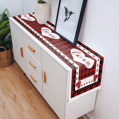 Farmhouse Kitchen Dinning Table Runner Dresser Scarves 13x70inch Valentine's Day Love Heart Red Buffalo Check Plaid Burlap Linen Table Runners for Indoor&Outdoor Dinner Gathering Party