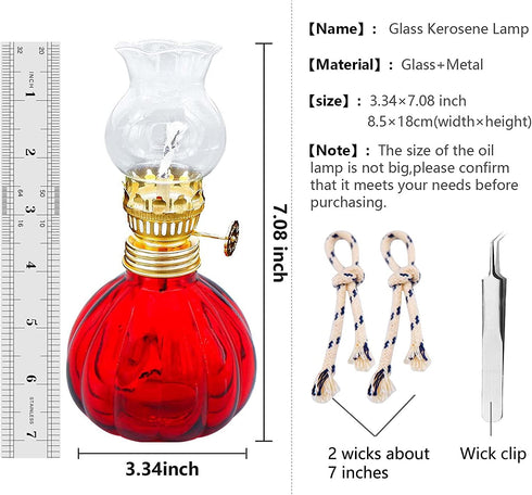 Kerosene Oil Lamp for Indoor Use,1 Glass Kerosene Lamp,2 Wicks and 1 Tweezers,Classic Retro Hurricane Lantern Decoration Outdoor Camping (Red)