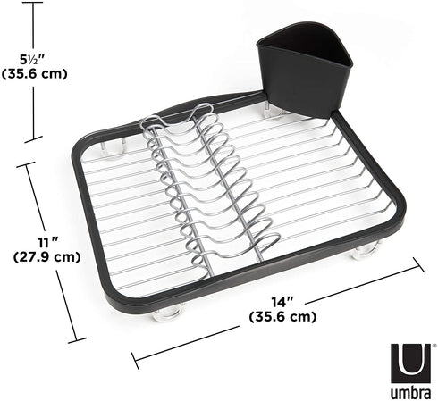 Umbra 330065-744 Sinkin Drying Rack Dish Drainer Caddy with Removable Cutlery Holder Fits in Sink or on Counter top, Medium, Black/Nickel