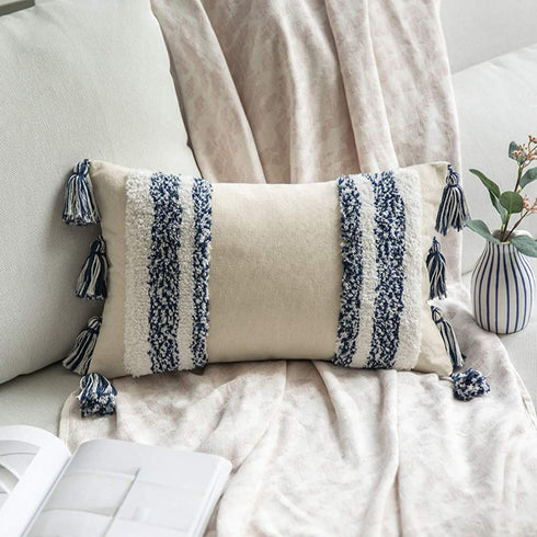 MIULEE Decorative Throw Pillow Cover Tribal Boho Woven Tufted Pillowcase with Tassels Rectangle Pillow Sham Pillowcase Cushion Case for Sofa Couch Bedroom Car Living Room 12x20 Inch Dark Blue