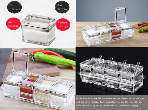 Tenta Kitchen Gourmet Acrylic Seasoning Box - Premium Quality Pure Acrylic Container and Case- 18/8 Stainless Steel Ring - 4 Serving Spoons -Luxurious Condiment Cruet Bottle, Spice Jar Set