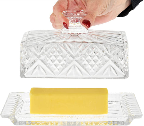 HOME-X Crystal Butter Dish with Lid, Real Crystal Covered Dish, Butter Holder for Serving and Storage, 8"L x 3 ½" W x 4' H, Crystal