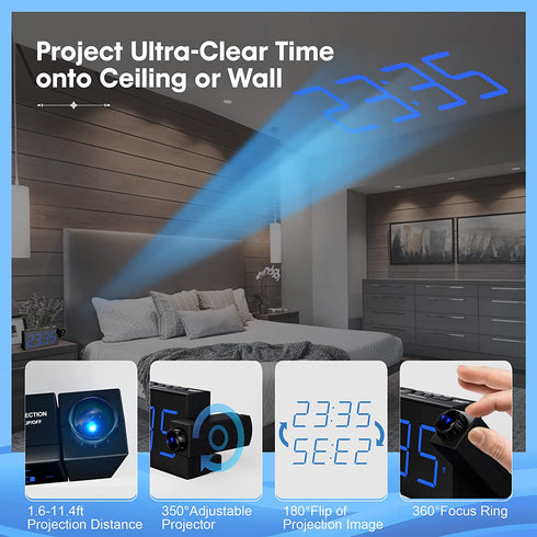 Projection Digital Alarm Clock for Bedroom, Large LED Alarm Clock Projection on Ceiling Wall, 350°Projector,Dimmer,USB Charger,Battery Backup Loud Dual Alarm Clock for Heavy Sleeper Kid Elderly