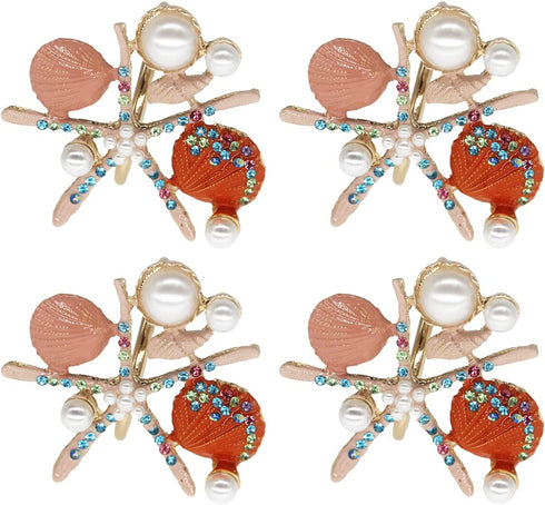 Allinlove Crystal Starfish Napkin Rings - Set of 4 Pearl Rhinestone Ocean Coastal Nautical Napkin Ring Holders Shell Napkin Buckle for Wedding Party, Beach Table Decor Banquet Dinner Decoration (Pink)