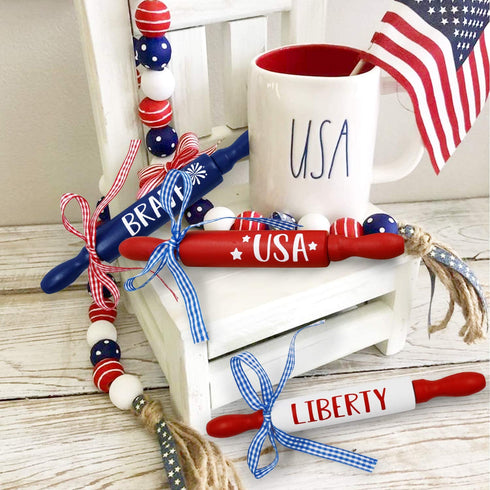 July 4th Patriotic Mini Rolling Pins Independence Day Decoration USA Brave Liberty Farmhouse Decorations Veterans Day Tiered Tray Decor Set of 3