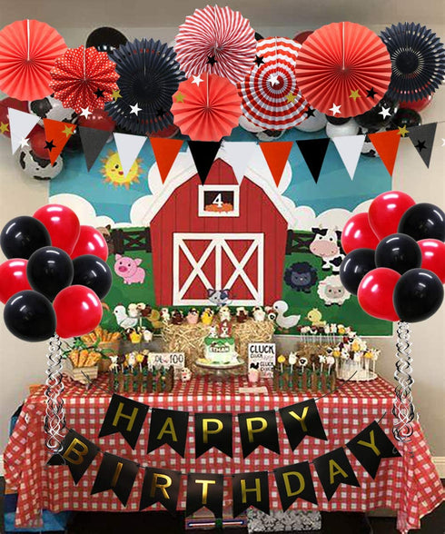 ADLKGG Red Black Birthday Party Supplies, Happy Birthday Banner with Balloons, Triangular Pennants, Hanging Swirls, Paper Fans, Circle Star Paper Garland for Mickey Mouse Pirate Theme Birthday