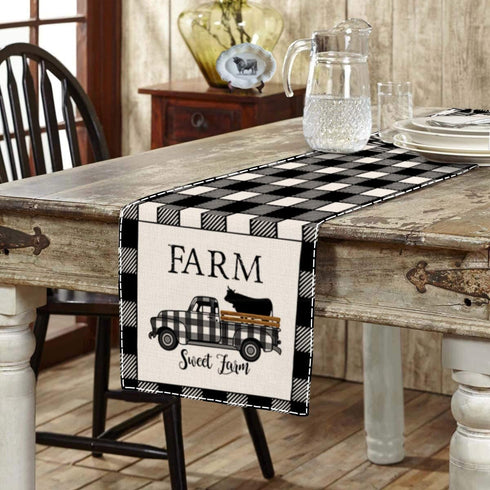 Sambosk Farmhouse Cow Truck Table Runner, Buffalo Check Table Runners for Kitchen Dining Coffee or Indoor and Outdoor Home Parties Decor 13 x 72 Inches