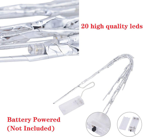 Lxcom Lighting LED Branch Lights 4 Pack 30 Inch Lighted Silver Wrapped Vase Filler Willow Lighted Twig Branch Battery Powered Twig Branches 20 LED Decorative Lights for Home Party Decor, Warm White