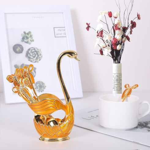 Gusnilo 11PCS Coffee Spoon Dessert Fork Dinnerware Set,Swan Base Holder with 5 Forks and 5 Spoons Metal Creative Dinnerware Set Mini Dessert Spoons Use for Dessert Shop Home Cafe(Yellow,Swan)