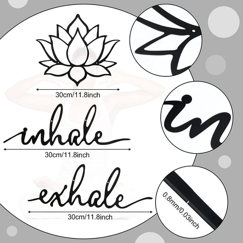 3 Pieces Inhale Exhale Wall Art Lotus Flower Wall Art Yoga Zen Sign Decorative Black Flower Sculpture Meditation Decoration Spiritual Decor for Living Room Bedroom Yoga Decor (Metal)
