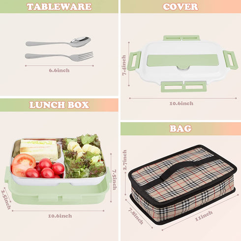 Bento Lunch Box for Kids and Adults ,1200ml Leakproof Stainless Steel Lunch Box with Portable Insulation Bag, 3 Compartments Food Container With Spoon and Fork