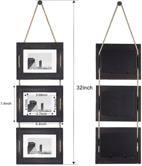 DLQuarts Hanging Picture Frames Collage Wall Decor 5x7 or 3.5x5 with Mat, Rustic Wood 3 Photo Frame, Weathered Black
