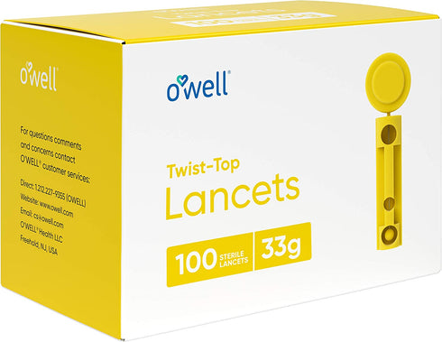 O'WELL Twist Top Lancets 33 Gauge, 100 Count | Ultra Thin Needle Lancets for Blood Glucose & Keto Testing | Box of 100 Sterile Lancets