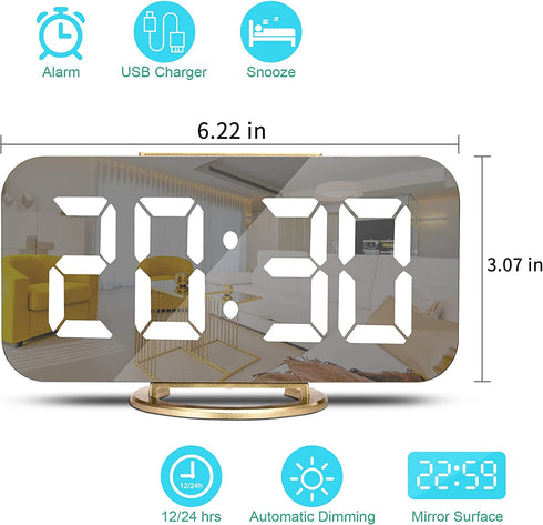 Digital Alarm Clock for Bedrooms, LED Mirror Digital Clock Large Display for Heavy Sleepers Teens, Snooze, Dual USB Charger Ports, 3 Level Brightness, Electronic Clock for Bedroom Living Room(Gold)