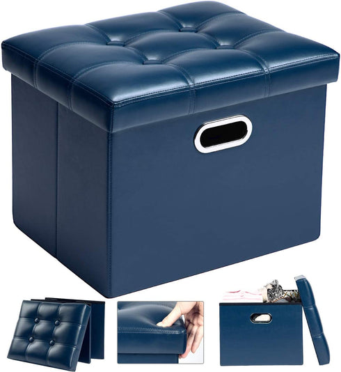 COSYLAND Storage Ottoman 17x13x13in Leather Ottoman Rectangle Footrest Footstool Folding Ottoman for Room Dorm Small Collapsible Bench Seat Organizer Entryway Furniture with Handles Lid Royal Blue