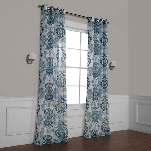 HPD Half Price Drapes SHCH-PS18043A-84-GR Damascus Grommet Faux Linen Printed Sheer Curtain (1 Panel), 50 X 84, Damacus Teal