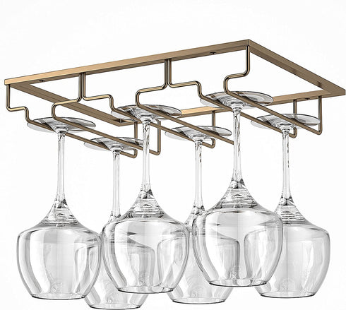LACAFA Wine Glass Holder - Under Cabinet Stemware Rack in Home, Bar Kitchen Organization with 3 Rows Wine Glass Rack Hanger Storage Metal Organizer for Under Shelf Hanging (Gold)