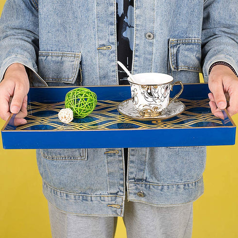 MAONAME Blue Decorative Tray with Handles, Plastic Serving Tray for Coffee Table, Marbling Rectangular Tray for Ottoman, Bathroom, Storage, 15.7" Lx 10.2" W X 1.57" H