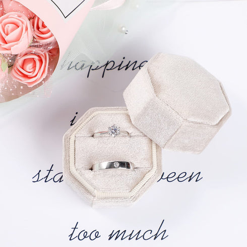 Velvet Ring Box, Etercycle Octagon Gorgeous Vintage Double Jewelry Ring Gift Box with Detachable Lid for Proposal Engagement Wedding Ceremony (Beige)