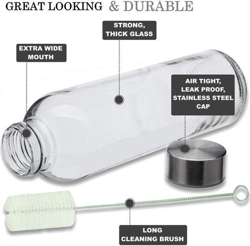 Brieftons Glass Water Bottles With Caps: Clear, 6 Pack, 18 Oz, Leakproof Lids, Premium Soda Lime, Best As Reusable Drinking Bottle, Sauce Jar, Juice Beverage Container, Kefir Kit, With Cleaning Brush